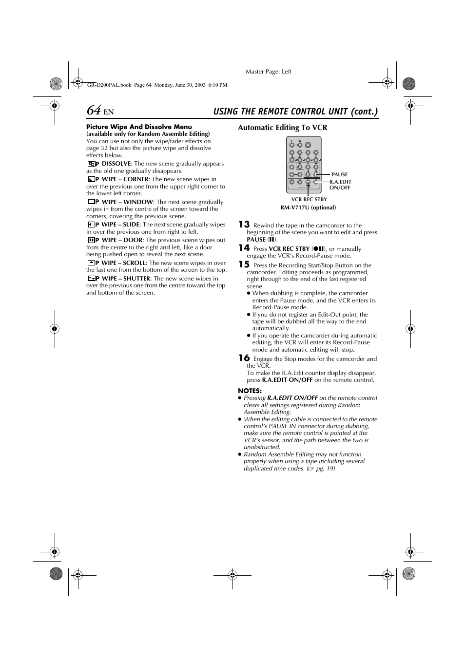 Using the remote control unit (cont.) | JVC GR-D201 User Manual | Page 64 / 88