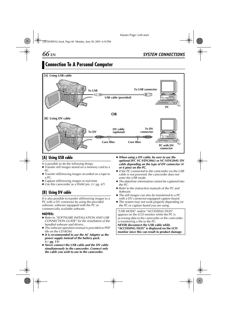 Connection to a personal computer, System connections, A] using usb cable | B] using dv cable | JVC GR-D201 User Manual | Page 66 / 88