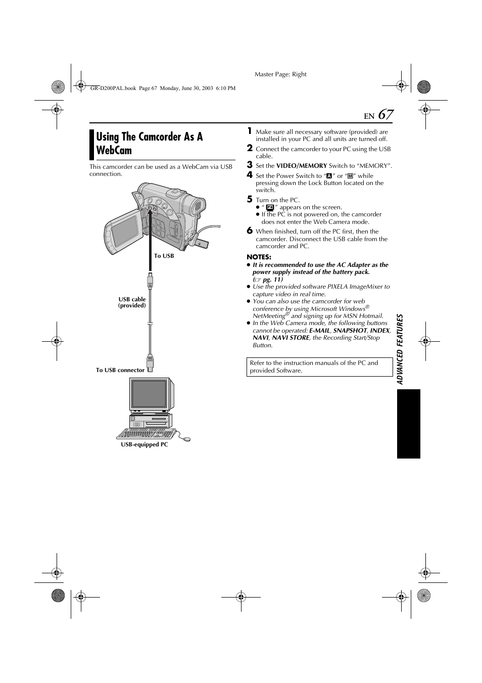 Using the camcorder as a webcam | JVC GR-D201 User Manual | Page 67 / 88