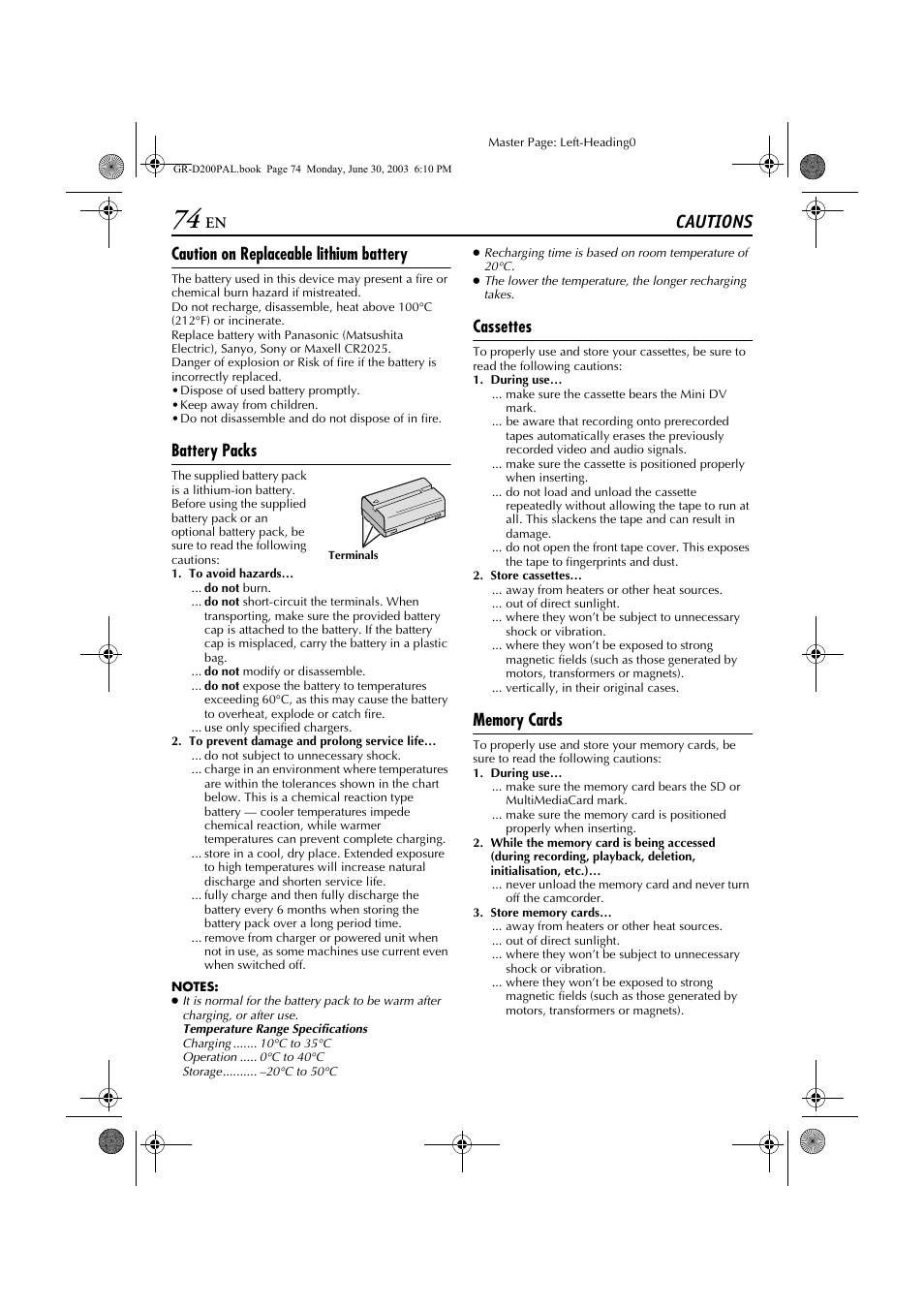 Cautions, Caution on replaceable lithium battery, Battery packs | Cassettes | JVC GR-D201 User Manual | Page 74 / 88