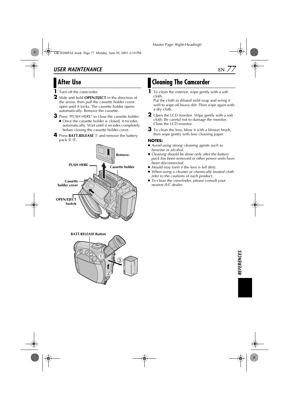 After use, Cleaning the camcorder, User maintenance | JVC GR-D201 User Manual | Page 77 / 88