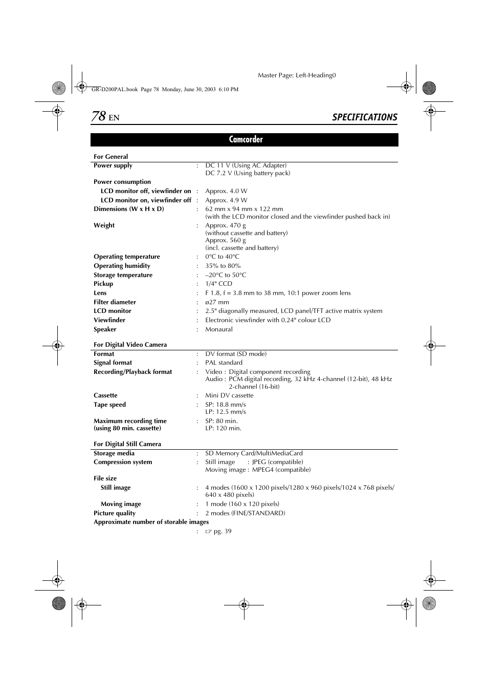 Specifications, Camcorder | JVC GR-D201 User Manual | Page 78 / 88