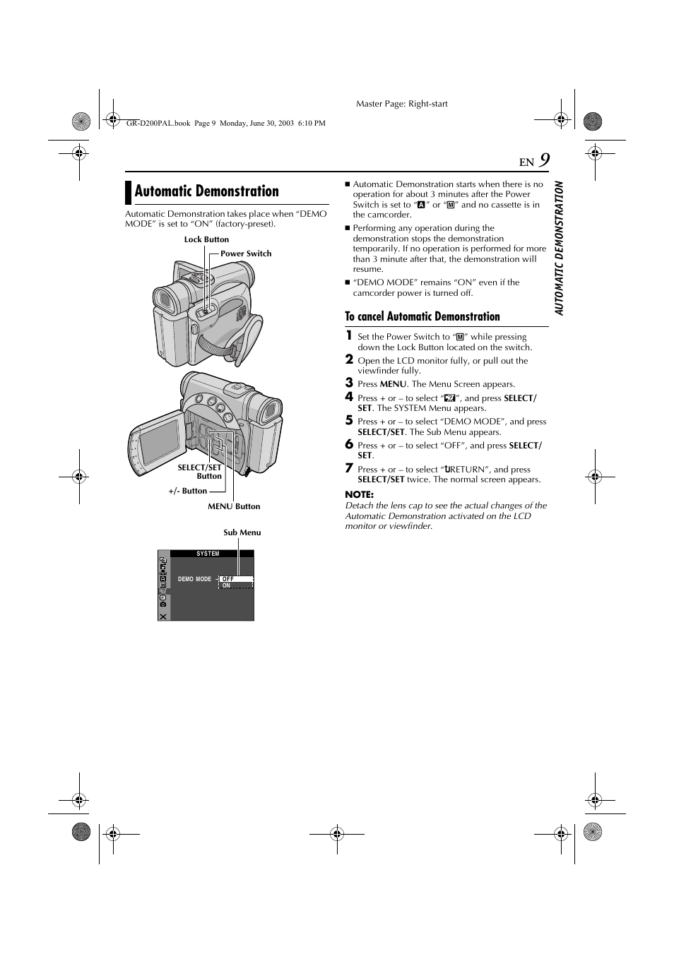 Automatic demonstration, Au to ma tic demonstra tion | JVC GR-D201 User Manual | Page 9 / 88