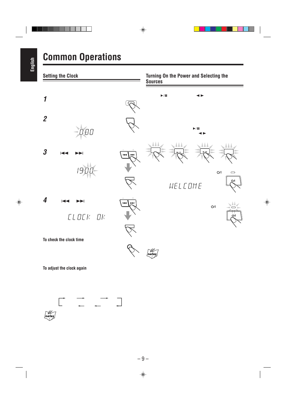 Common operations, Setting the clock, Turning on the power and selecting the sources | JVC CA-MXJ55R User Manual | Page 14 / 32