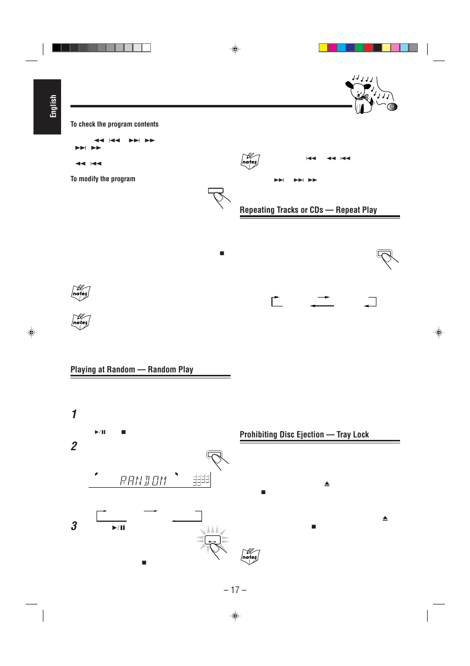 Repeating tracks or cds — repeat play, Prohibiting disc ejection — tray lock, Playing at random — random play | JVC CA-MXJ55R User Manual | Page 22 / 32