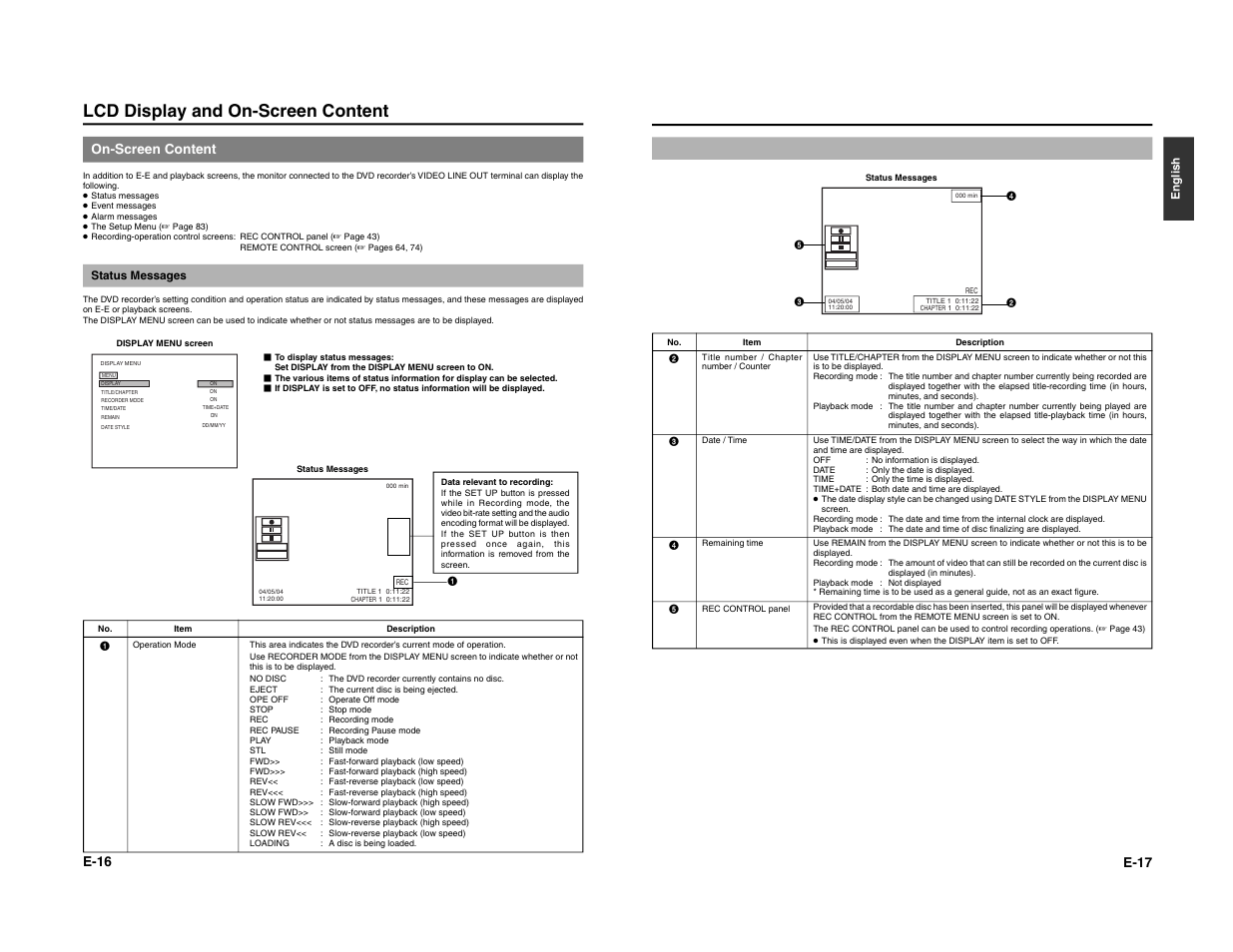 Lcd display and on-screen content, E-16, On-screen content | E-17 | JVC BD-X200E User Manual | Page 12 / 62