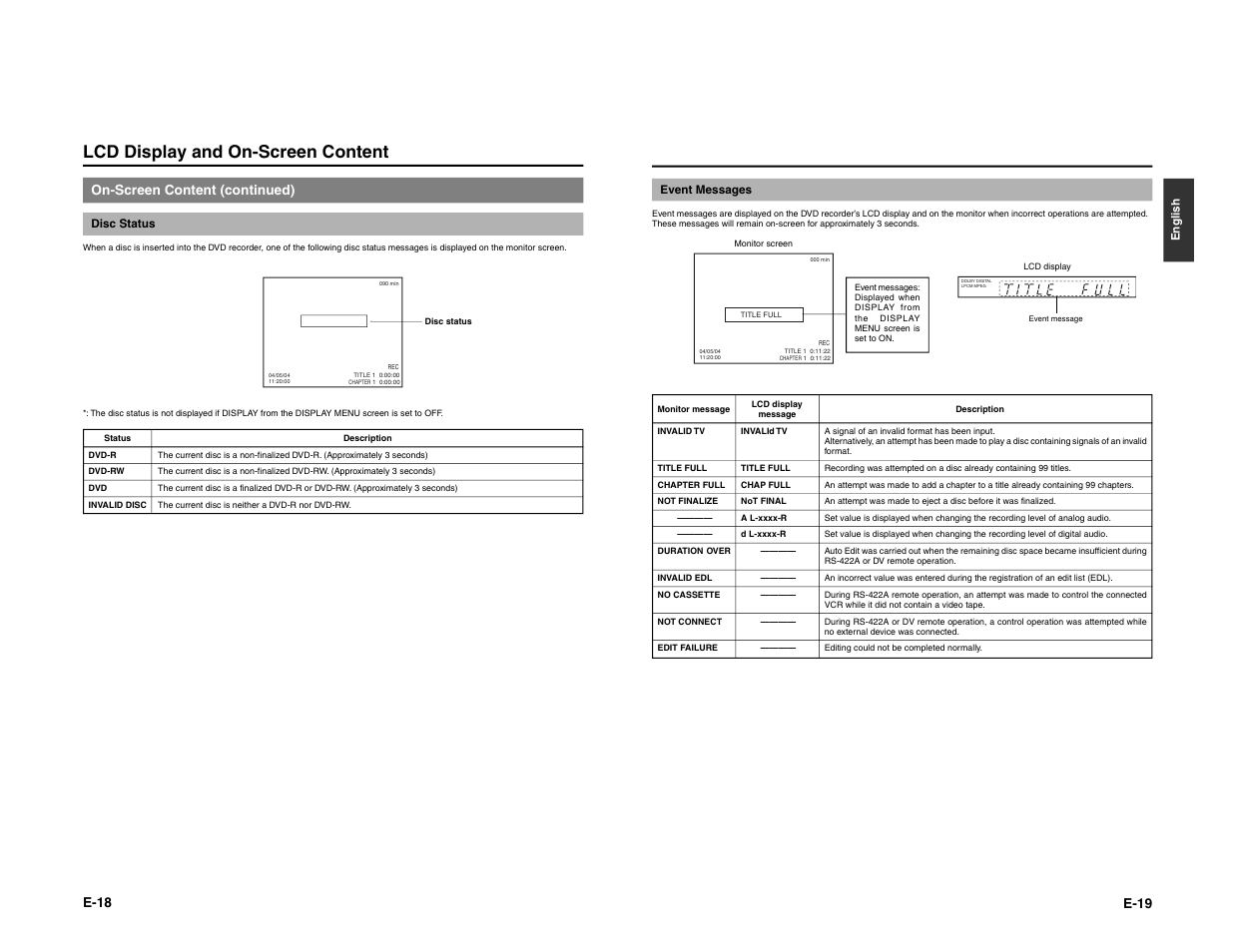 Lcd display and on-screen content, E-18, On-screen content (continued) | E-19 | JVC BD-X200E User Manual | Page 13 / 62