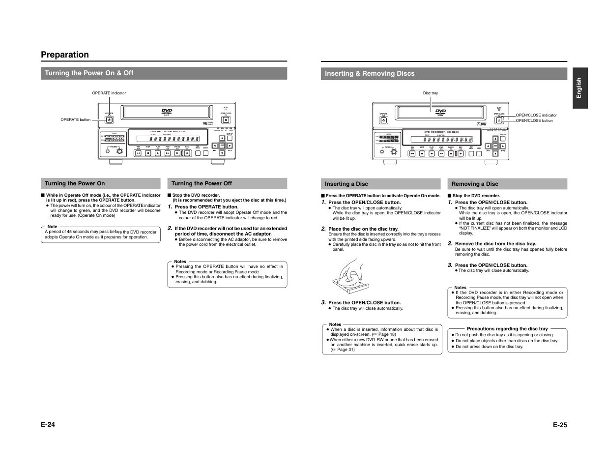 Preparation, E-24, Turning the power on & off | E-25, Inserting & removing discs, Turning the power on, Turning the power off, English, Inserting a disc, Removing a disc | JVC BD-X200E User Manual | Page 16 / 62