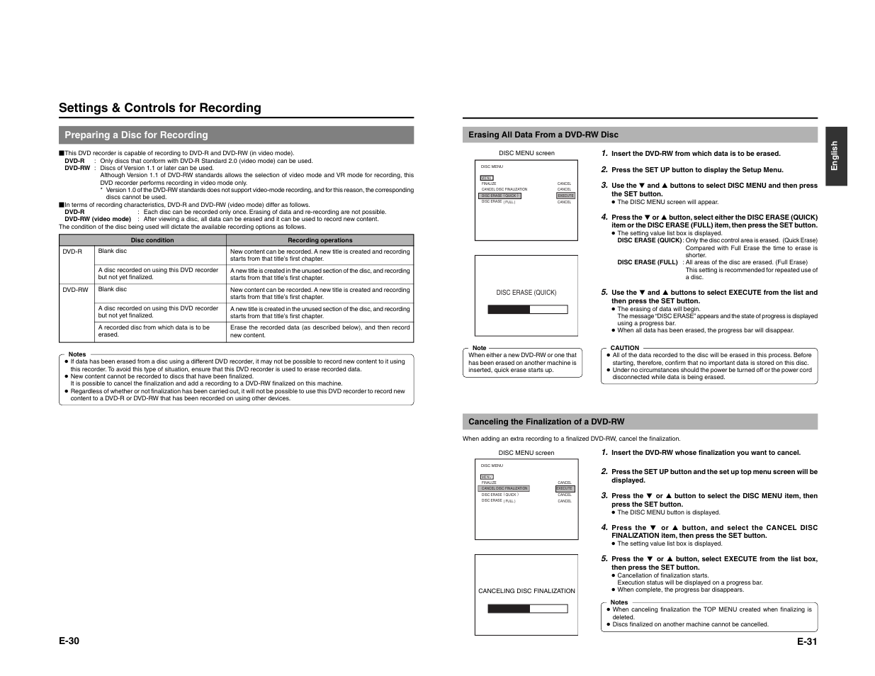 Settings & controls for recording, E-30, Preparing a disc for recording | E-31 | JVC BD-X200E User Manual | Page 19 / 62
