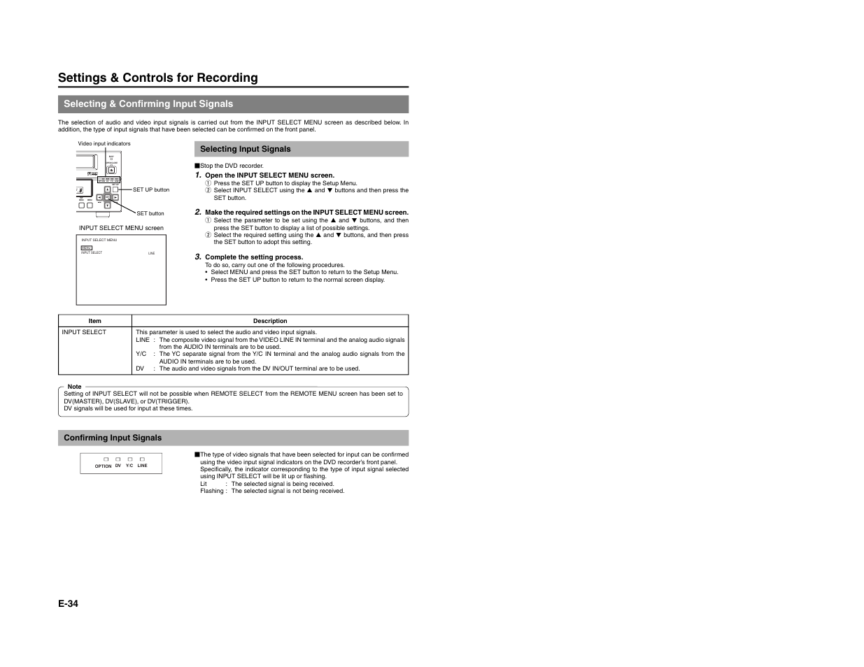Settings & controls for recording, E-34, Selecting & confirming input signals | JVC BD-X200E User Manual | Page 22 / 62