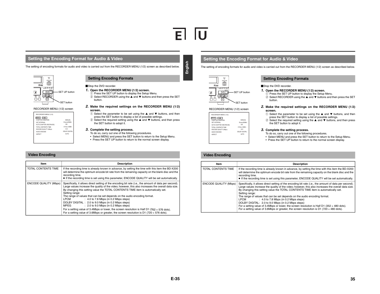 E-35, Setting the encoding format for audio & video, 35 setting the encoding format for audio & video | English, Setting encoding formats, Video encoding | JVC BD-X200E User Manual | Page 23 / 62