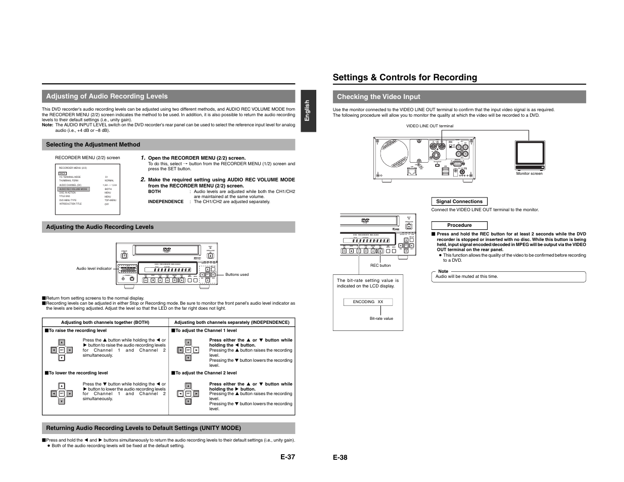 Title dolby digital lpcm mpeg chapter, Settings & controls for recording, E-37 | Adjusting of audio recording levels, E-38, Checking the video input, English, Selecting the adjustment method 1, Adjusting the audio recording levels | JVC BD-X200E User Manual | Page 25 / 62