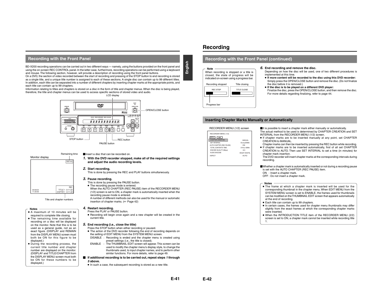 Recording, E-41, Recording with the front panel | E-42, Recording with the front panel (continued), English, Inserting chapter marks manually or automatically | JVC BD-X200E User Manual | Page 27 / 62