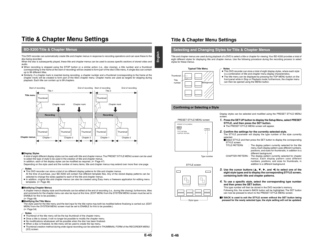 Title & chapter menu settings, E-45, Bd-x200 title & chapter menus | E-46 | JVC BD-X200E User Manual | Page 29 / 62