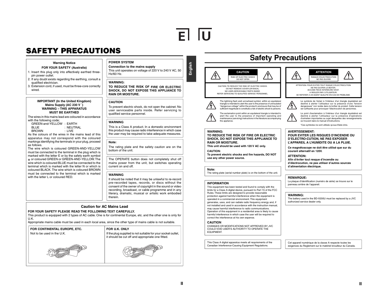 Safety precautions | JVC BD-X200E User Manual | Page 3 / 62