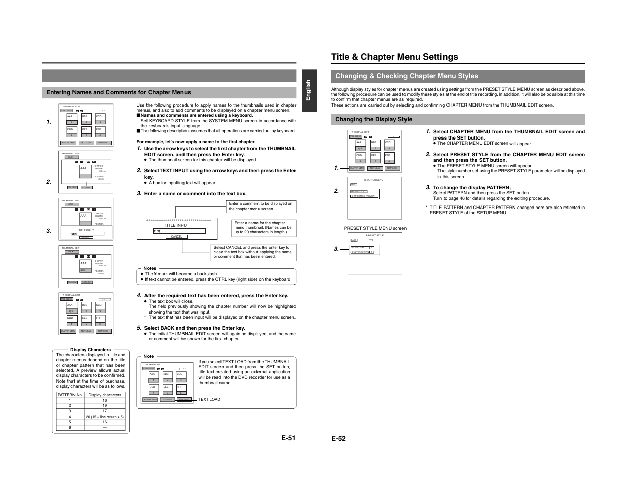 Title & chapter menu settings, E-51, E-52 | Changing & checking chapter menu styles, Changing the display style 1 | JVC BD-X200E User Manual | Page 32 / 62