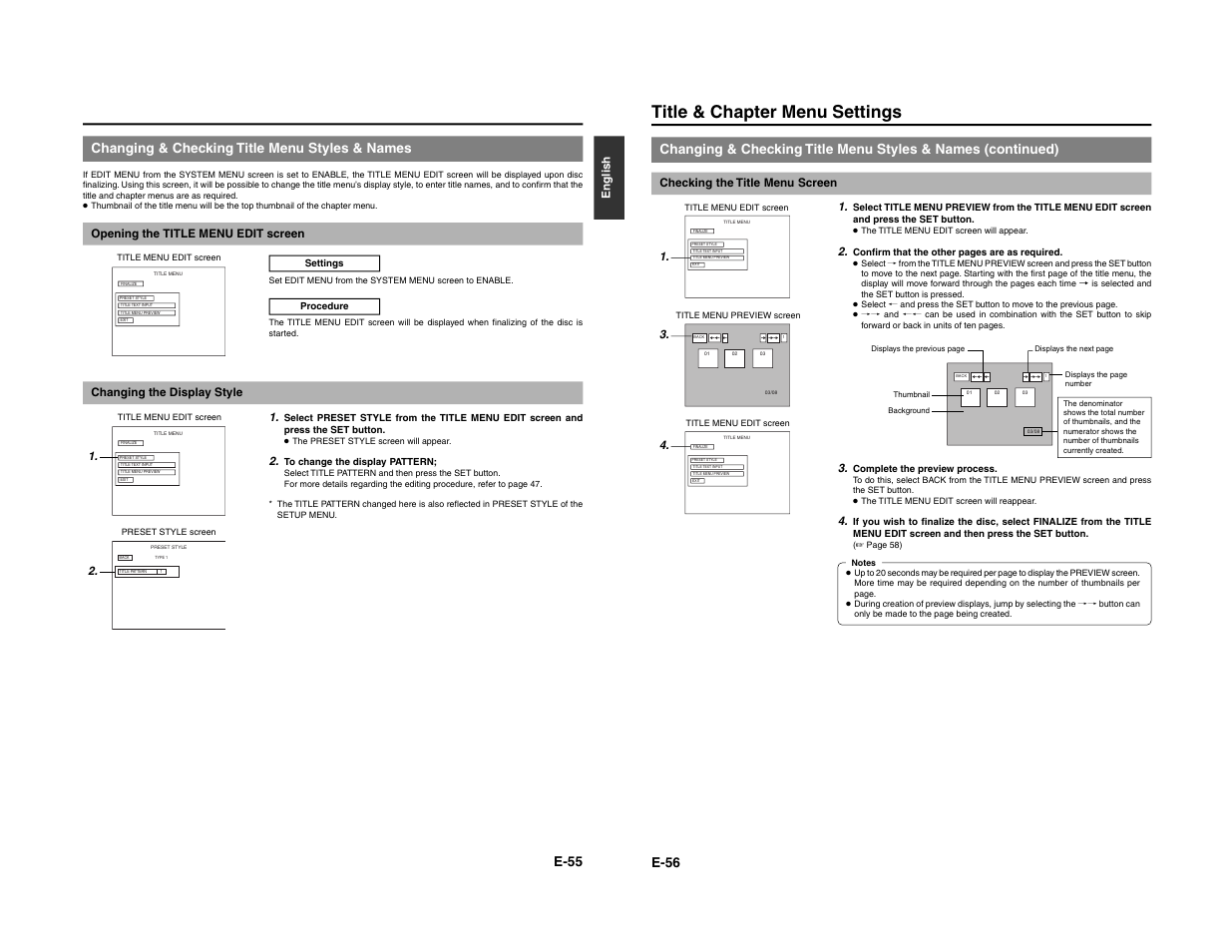Title & chapter menu settings, E-55, Changing & checking title menu styles & names | E-56, English, Opening the title menu edit screen, Changing the display style 1, Checking the title menu screen 1 | JVC BD-X200E User Manual | Page 34 / 62