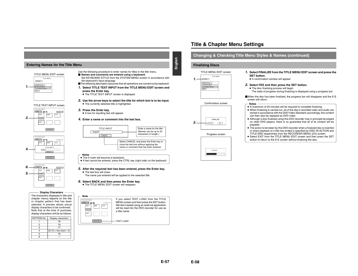 Title & chapter menu settings, E-57, English entering names for the title menu | Finalizing discs 1 | JVC BD-X200E User Manual | Page 35 / 62