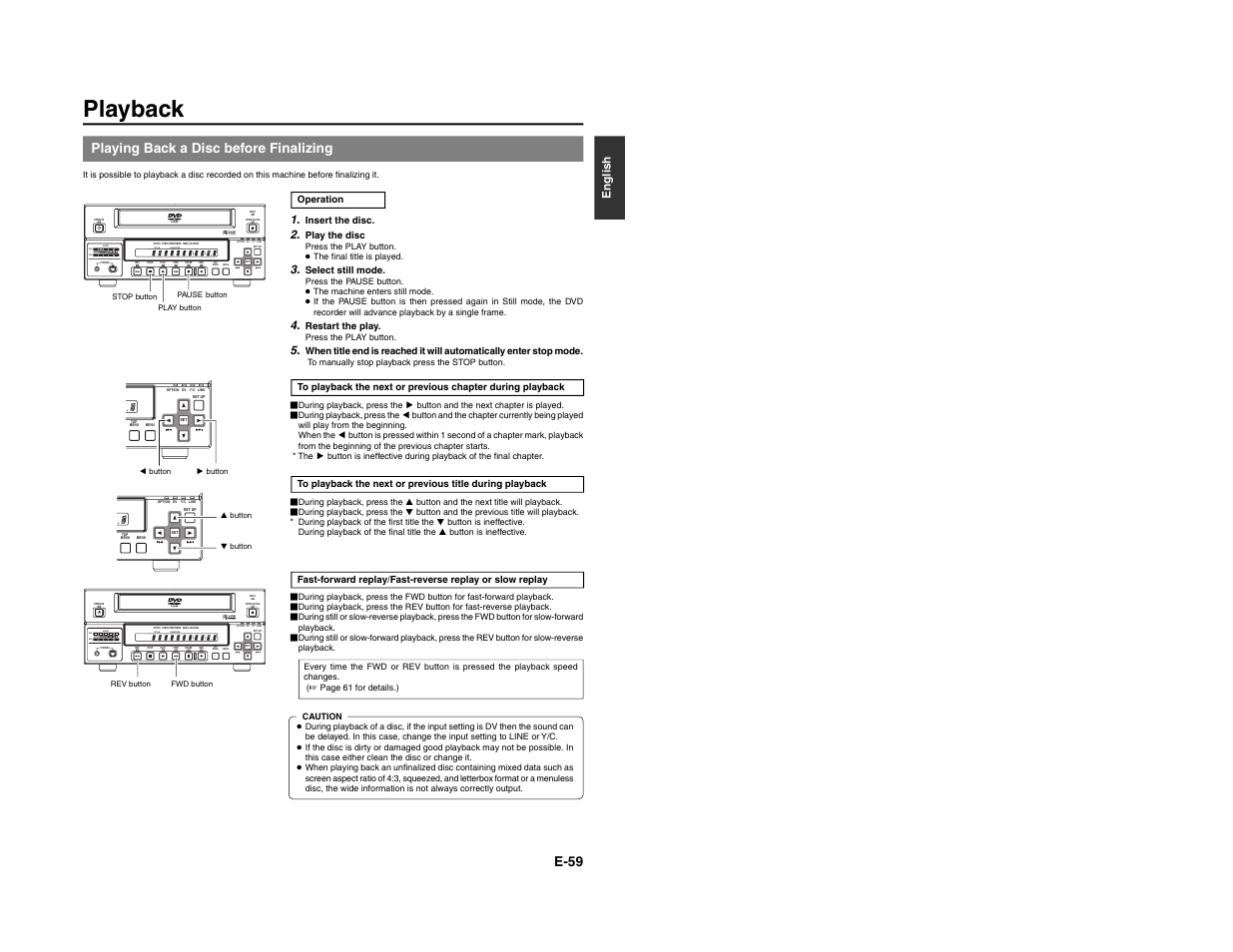 Playback, Top menu menu option dv y/c line, E-59 | Playing back a disc before finalizing | JVC BD-X200E User Manual | Page 36 / 62