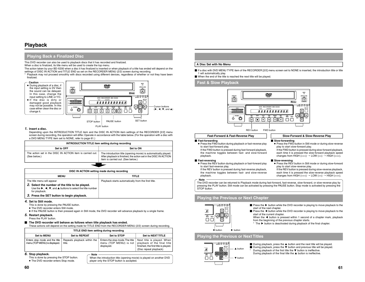 Playback, Playing the previous or next chapter, Playing the previous or next titles | Fast & slow playback 60, Playing back a finalized disc | JVC BD-X200E User Manual | Page 37 / 62