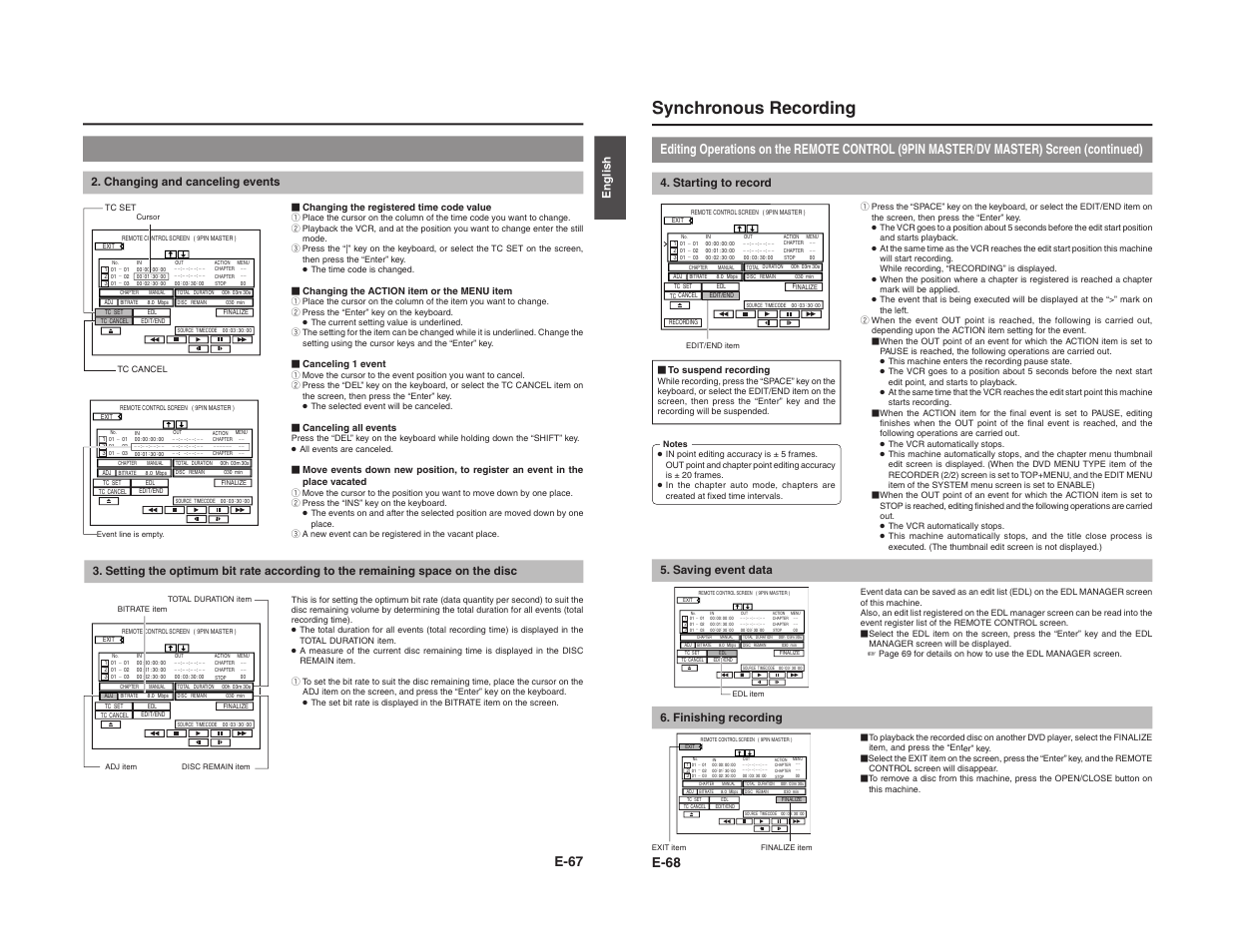 Synchronous recording, E-67, English 2. changing and canceling events | Starting to record, Saving event data, Finishing recording | JVC BD-X200E User Manual | Page 42 / 62