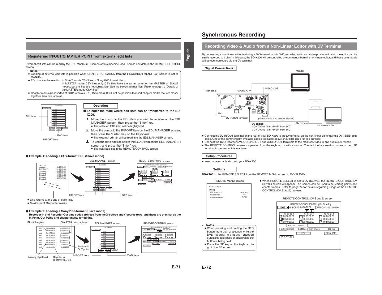 Synchronous recording, E-71, E-72 | JVC BD-X200E User Manual | Page 44 / 62