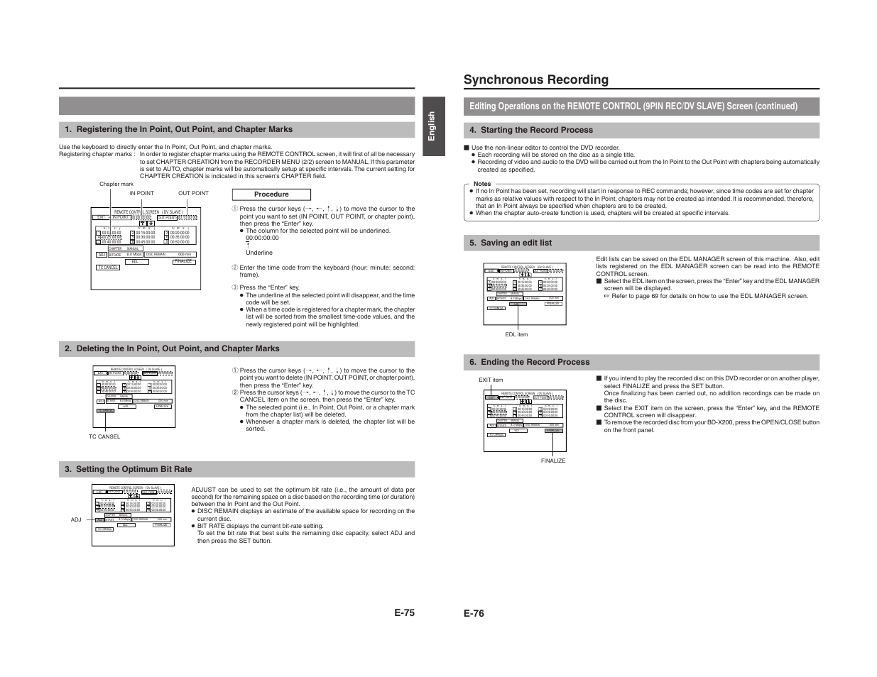 Synchronous recording, E-75, English | Setting the optimum bit rate, Starting the record process, Saving an edit list, Ending the record process | JVC BD-X200E User Manual | Page 46 / 62