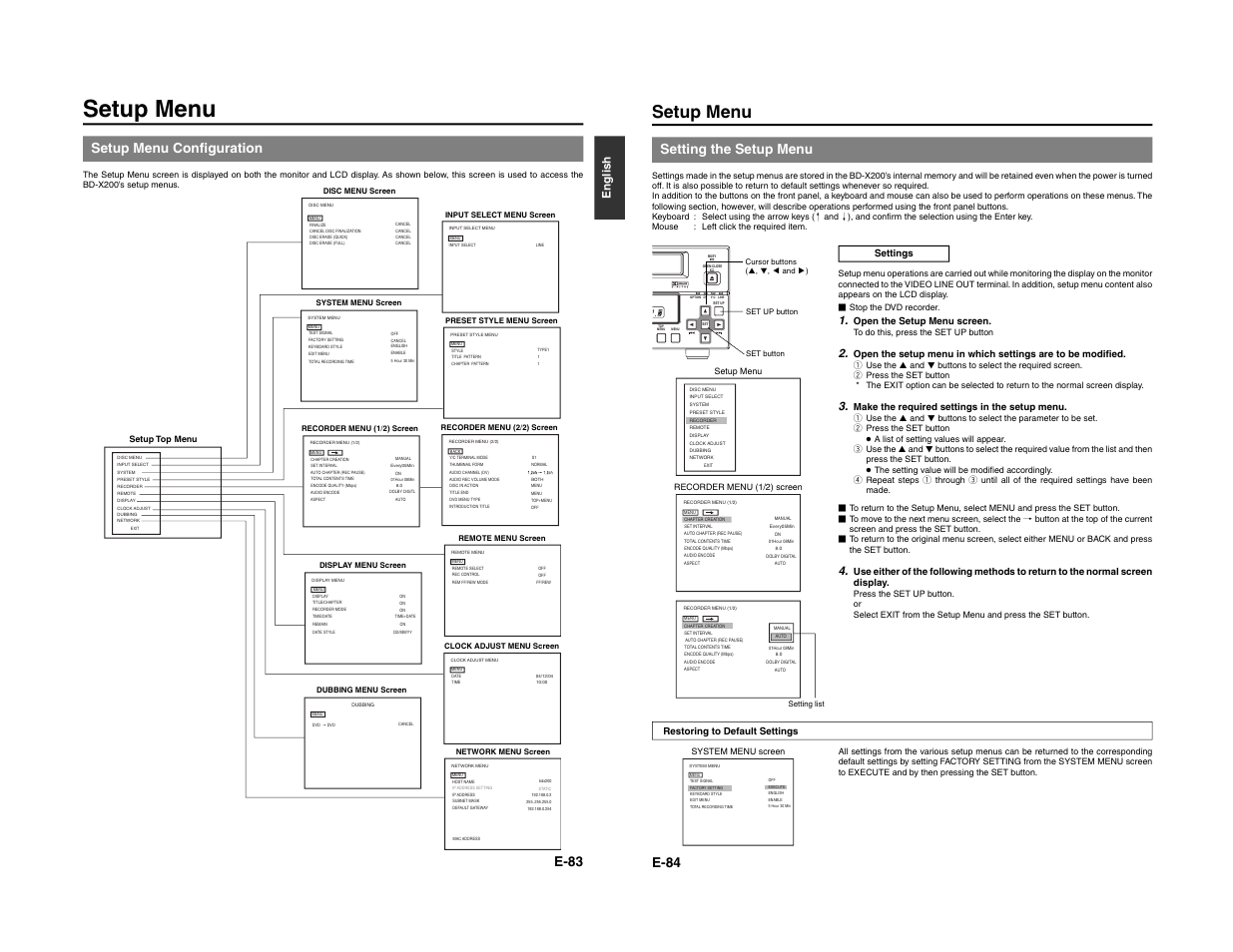 Setup menu, E-83, Setup menu configuration | E-84 setting the setup menu, English | JVC BD-X200E User Manual | Page 50 / 62