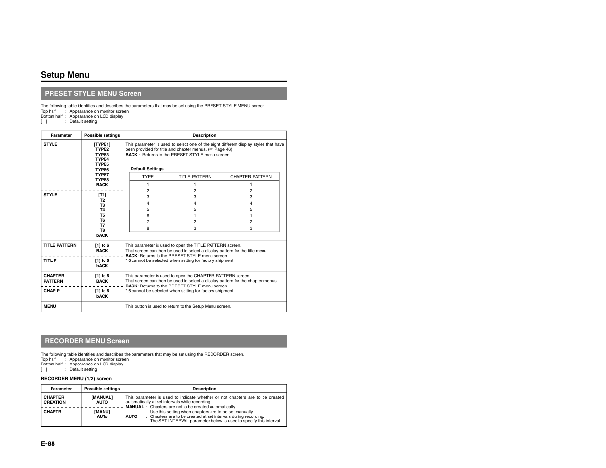 Setup menu, E-88, Preset style menu screen | Recorder menu screen | JVC BD-X200E User Manual | Page 53 / 62