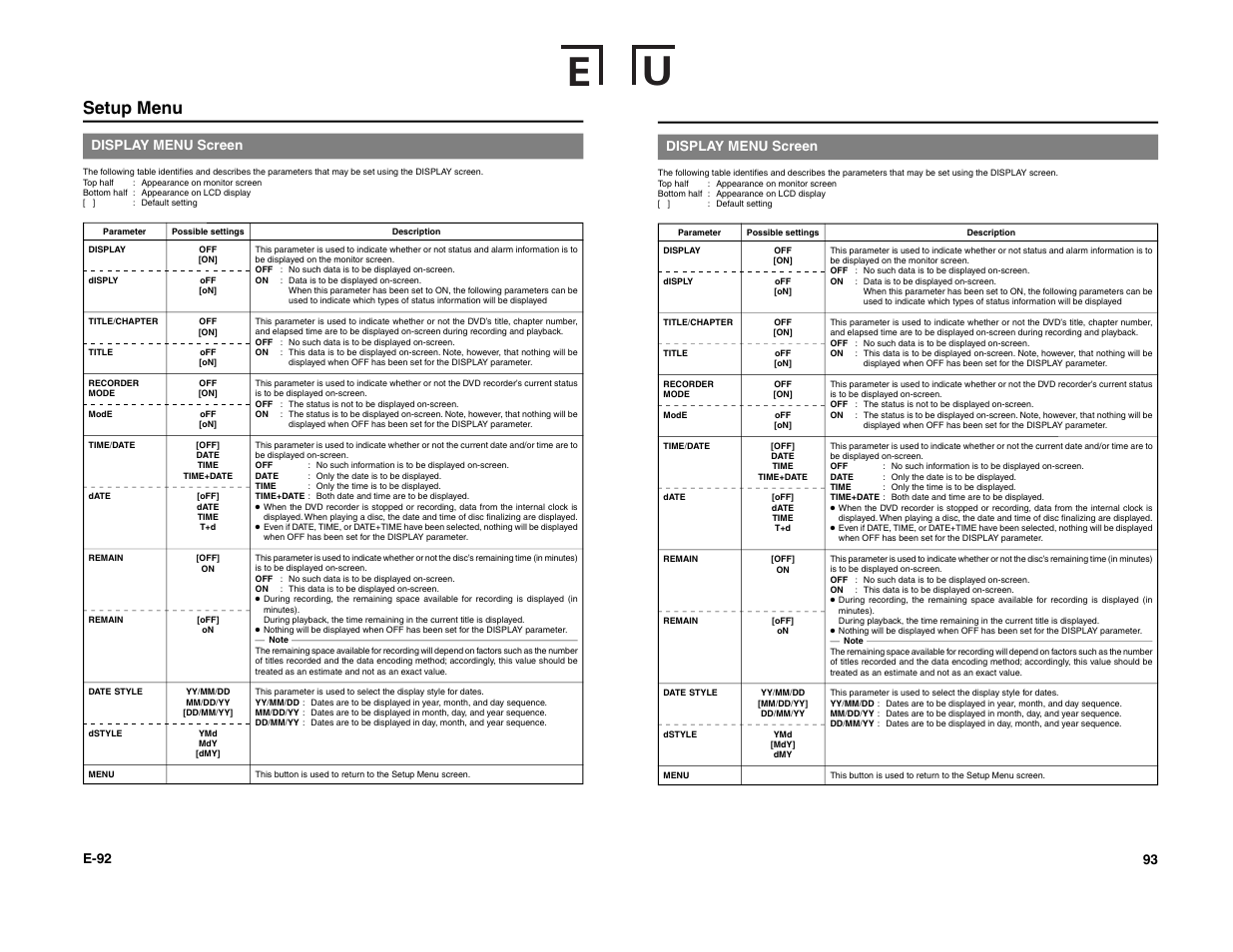 Setup menu, 93 display menu screen, E-92 | Display menu screen | JVC BD-X200E User Manual | Page 58 / 62