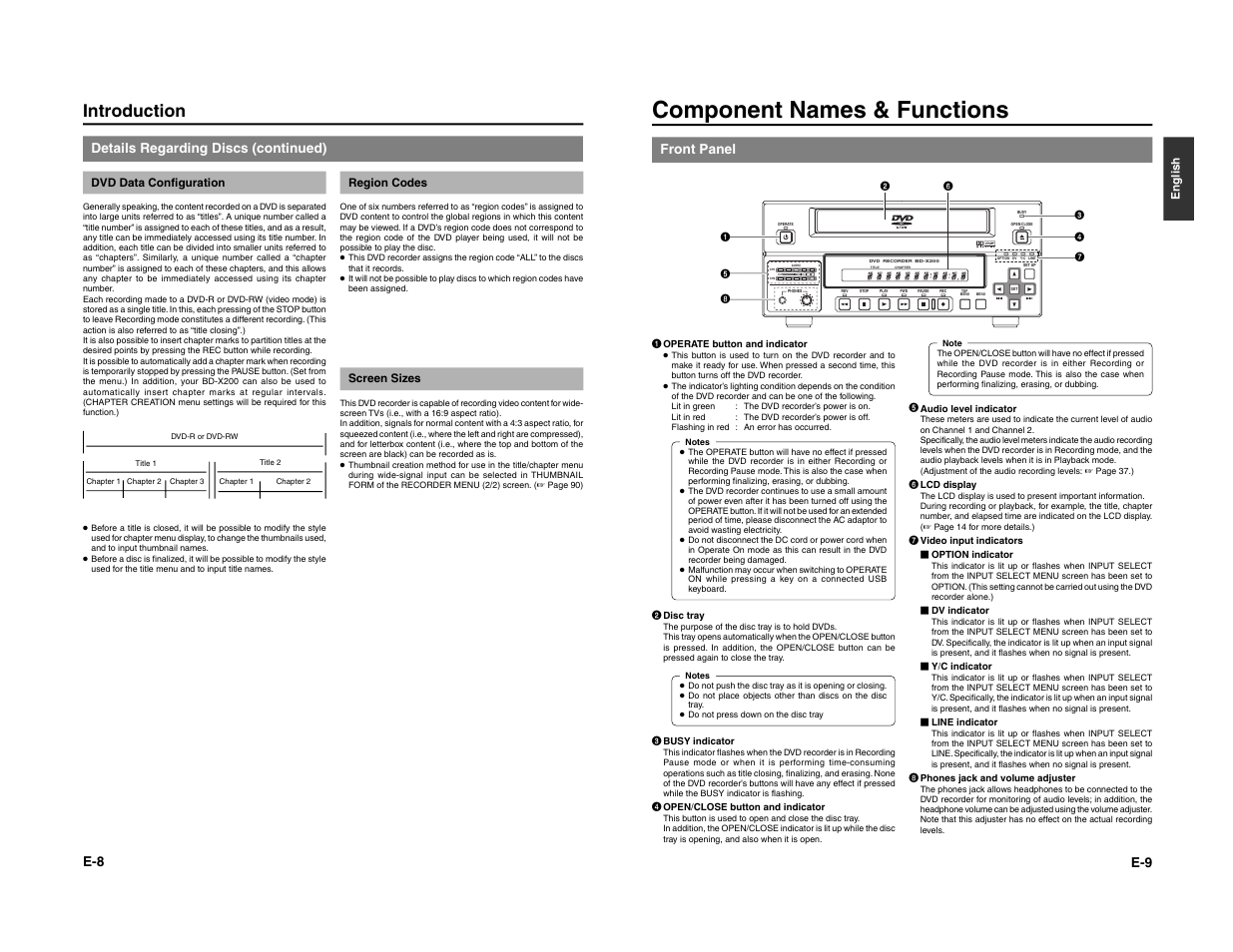 Component names & functions, Introduction, Details regarding discs (continued) | Front panel | JVC BD-X200E User Manual | Page 8 / 62