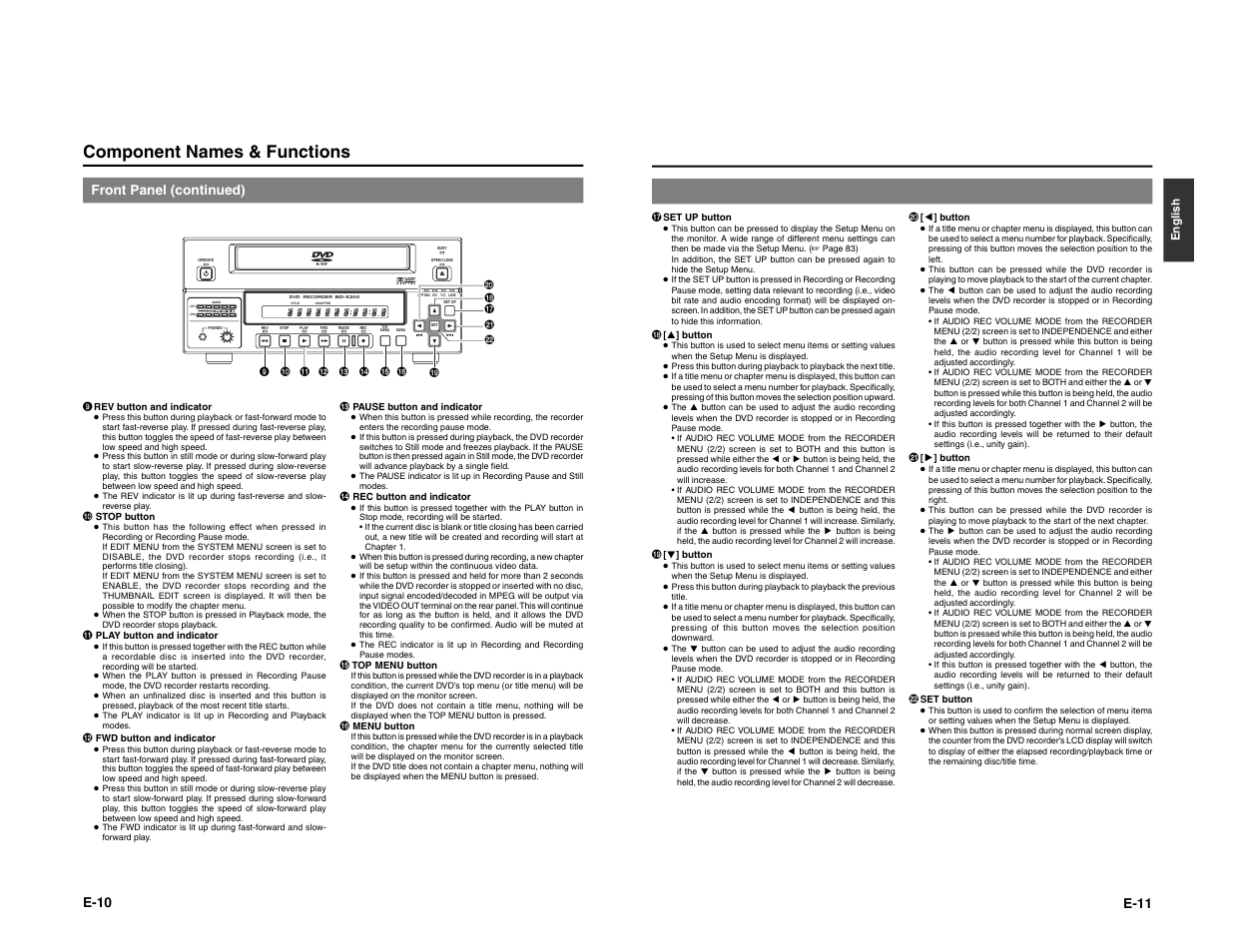 Component names & functions, E-10, Front panel (continued) | E-11 | JVC BD-X200E User Manual | Page 9 / 62