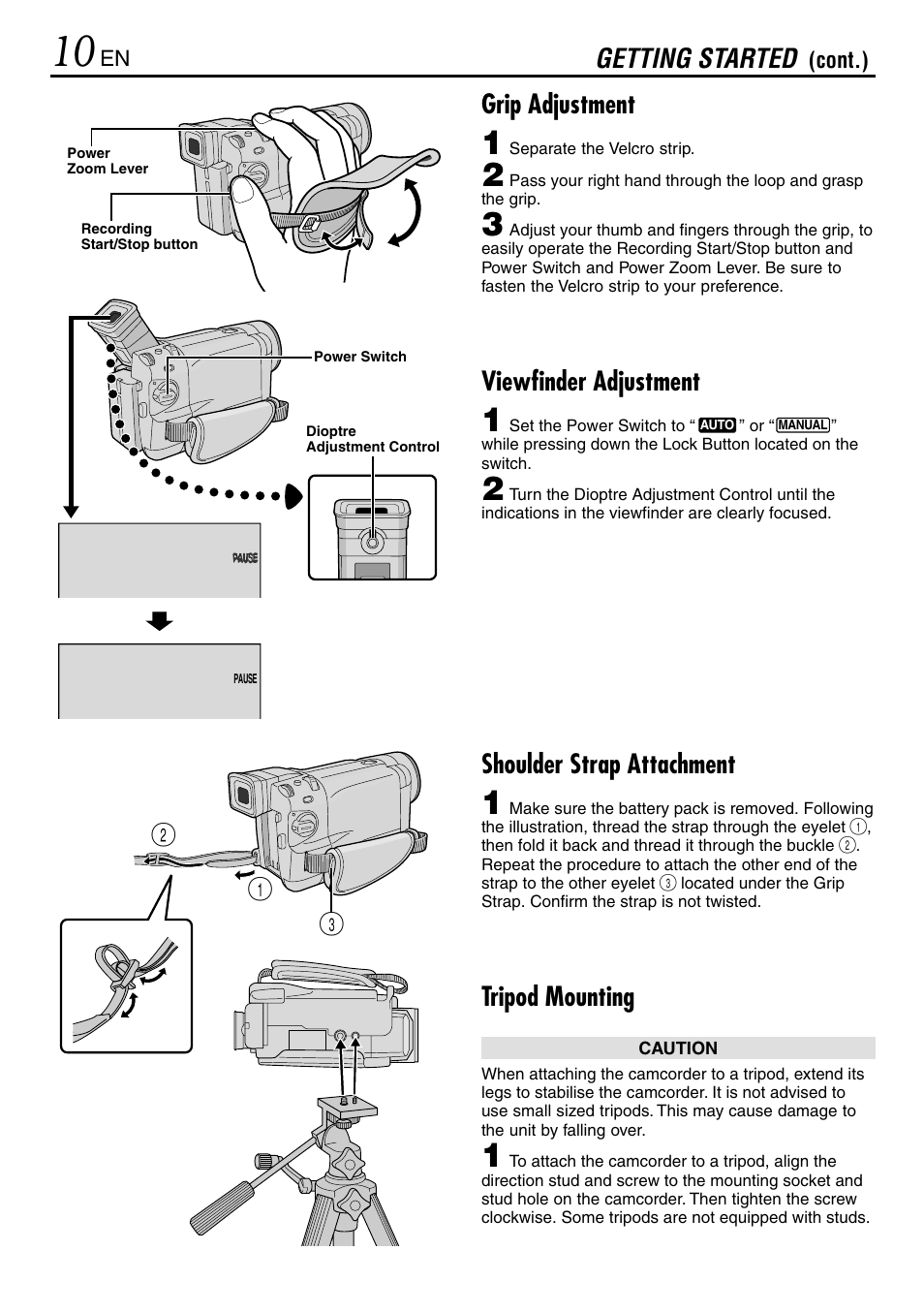 Getting started, Grip adjustment, Viewfinder adjustment | Shoulder strap attachment, Tripod mounting | JVC GR-DVL365 User Manual | Page 10 / 88