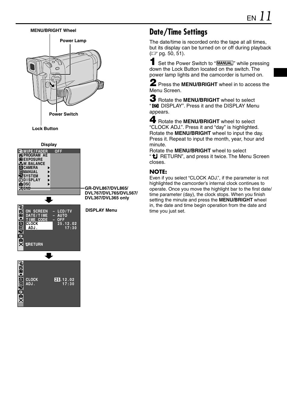 Date/time settings | JVC GR-DVL365 User Manual | Page 11 / 88