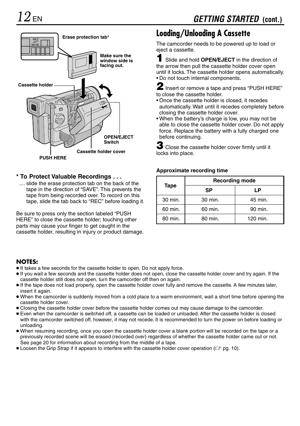 Getting started, Loading/unloading a cassette, Cont.) | JVC GR-DVL365 User Manual | Page 12 / 88