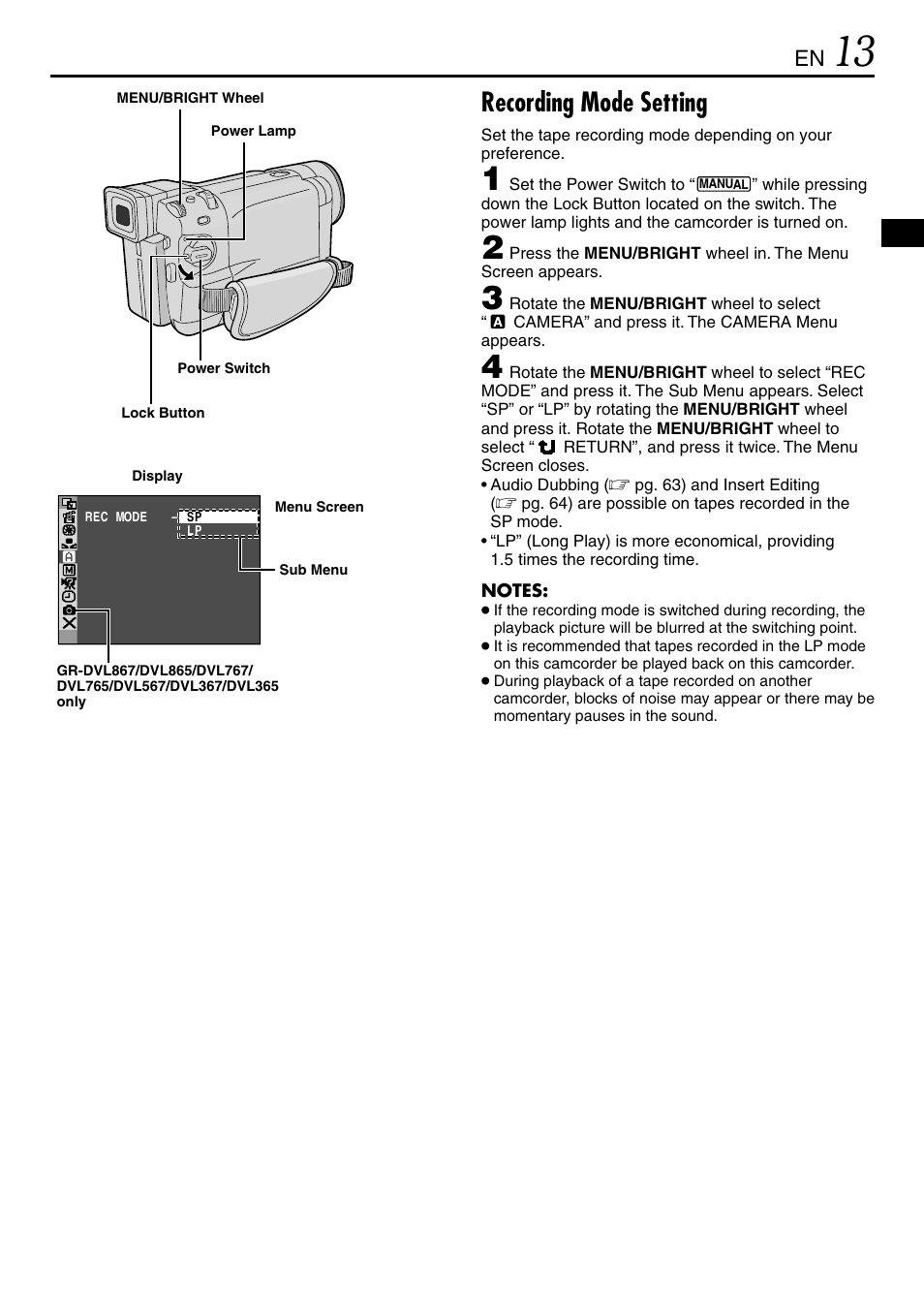 Recording mode setting | JVC GR-DVL365 User Manual | Page 13 / 88