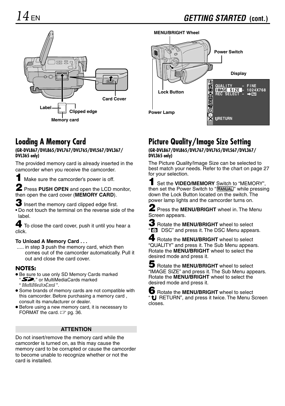 Getting started, Picture quality/image size setting, Cont.) | JVC GR-DVL365 User Manual | Page 14 / 88