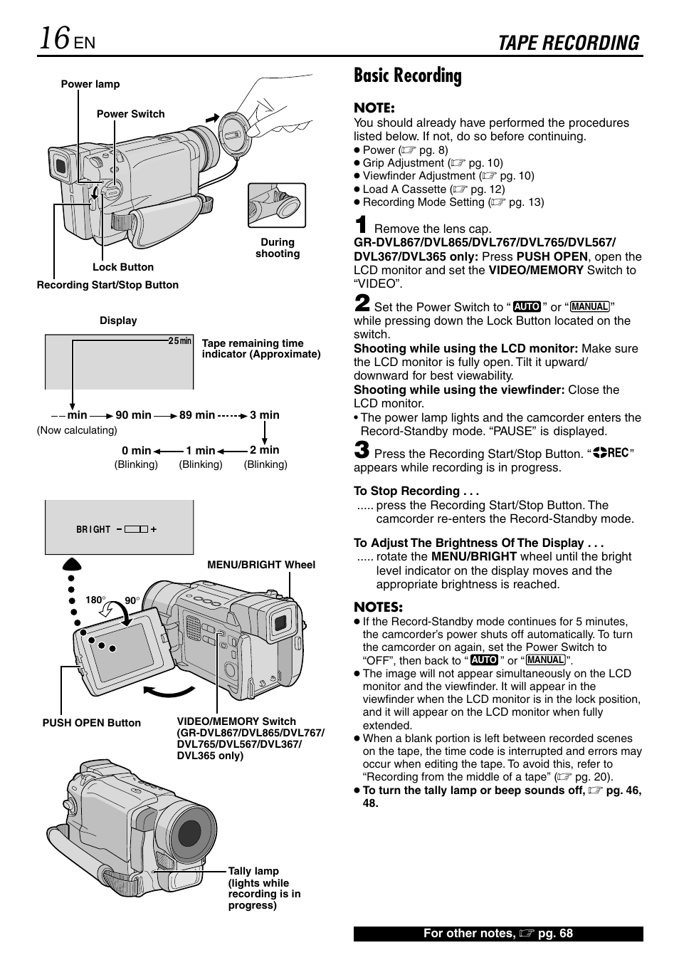 Tape recording, Tape recording basic recording | JVC GR-DVL365 User Manual | Page 16 / 88