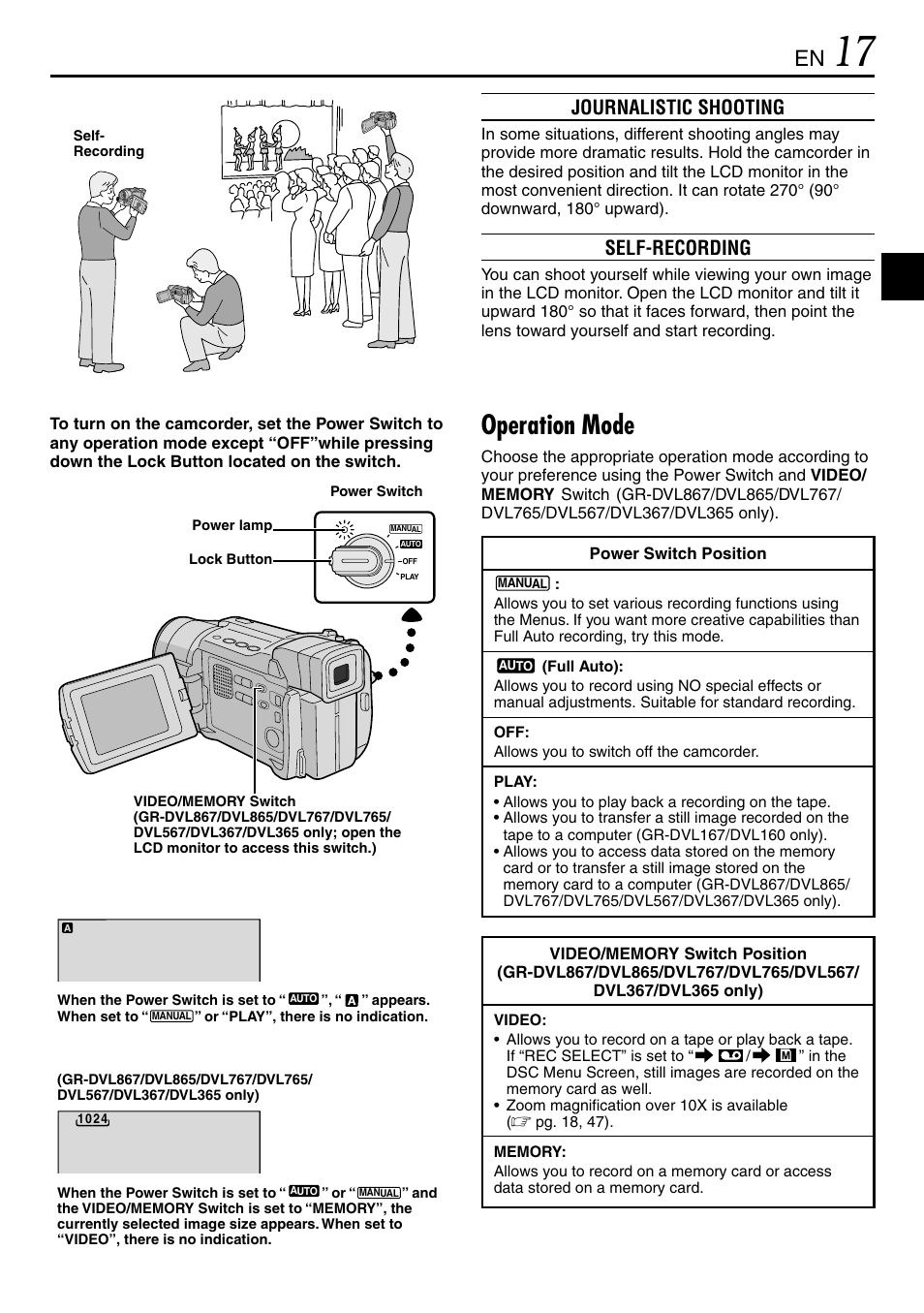 Operation mode, Journalistic shooting, Self-recording | JVC GR-DVL365 User Manual | Page 17 / 88