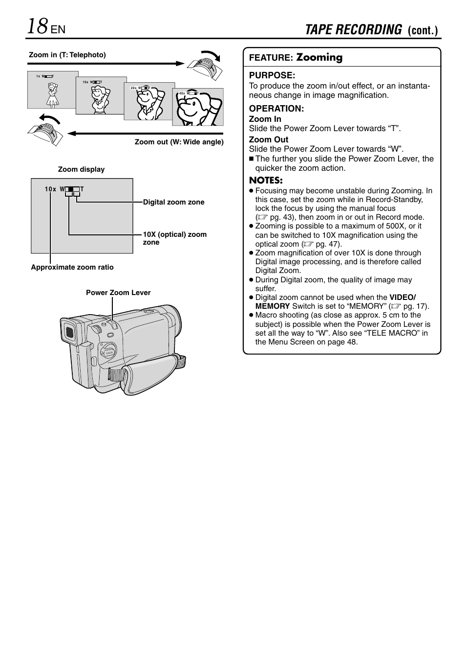 Tape recording, Cont.), Zooming | JVC GR-DVL365 User Manual | Page 18 / 88