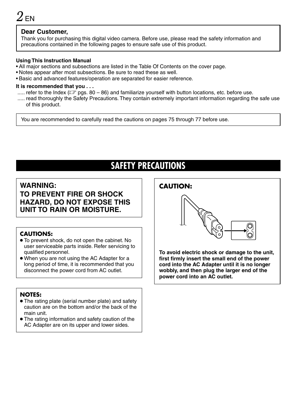 Safety precautions | JVC GR-DVL365 User Manual | Page 2 / 88