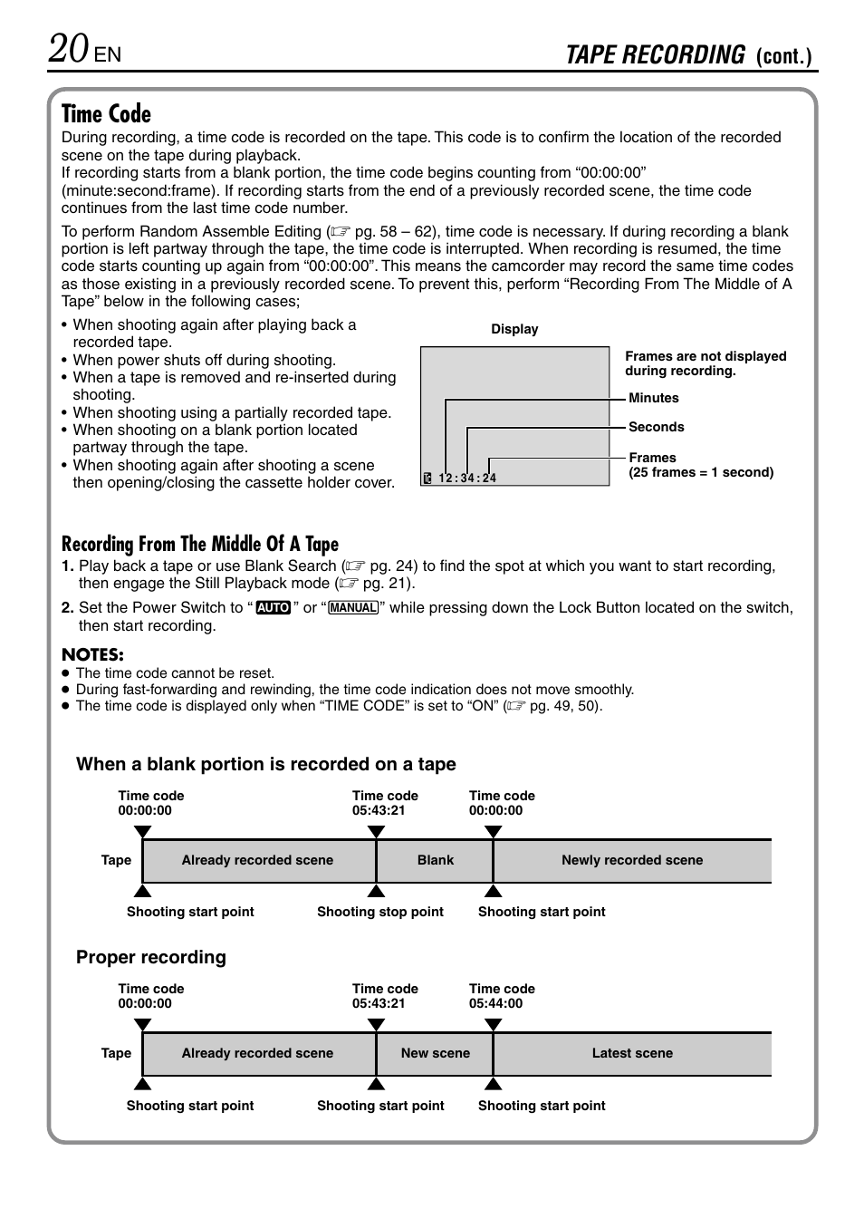 Time code, Tape recording, Recording from the middle of a tape | Cont.) | JVC GR-DVL365 User Manual | Page 20 / 88