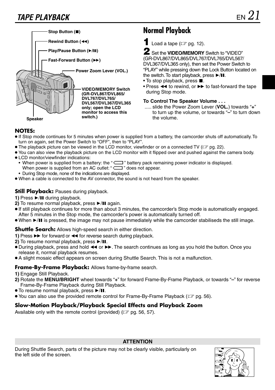 Tape playback, Tape playback normal playback | JVC GR-DVL365 User Manual | Page 21 / 88