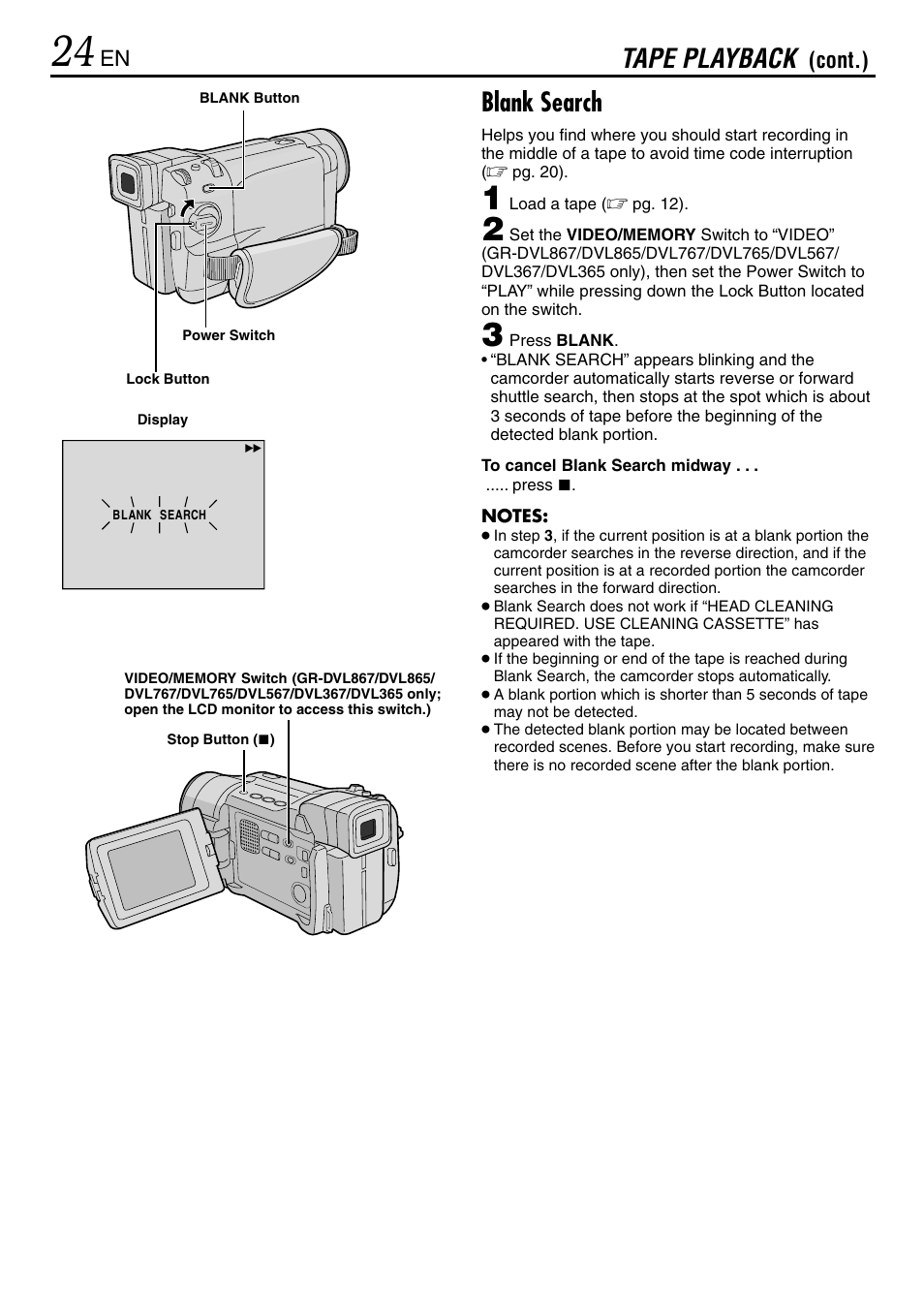 Blank search, Tape playback | JVC GR-DVL365 User Manual | Page 24 / 88