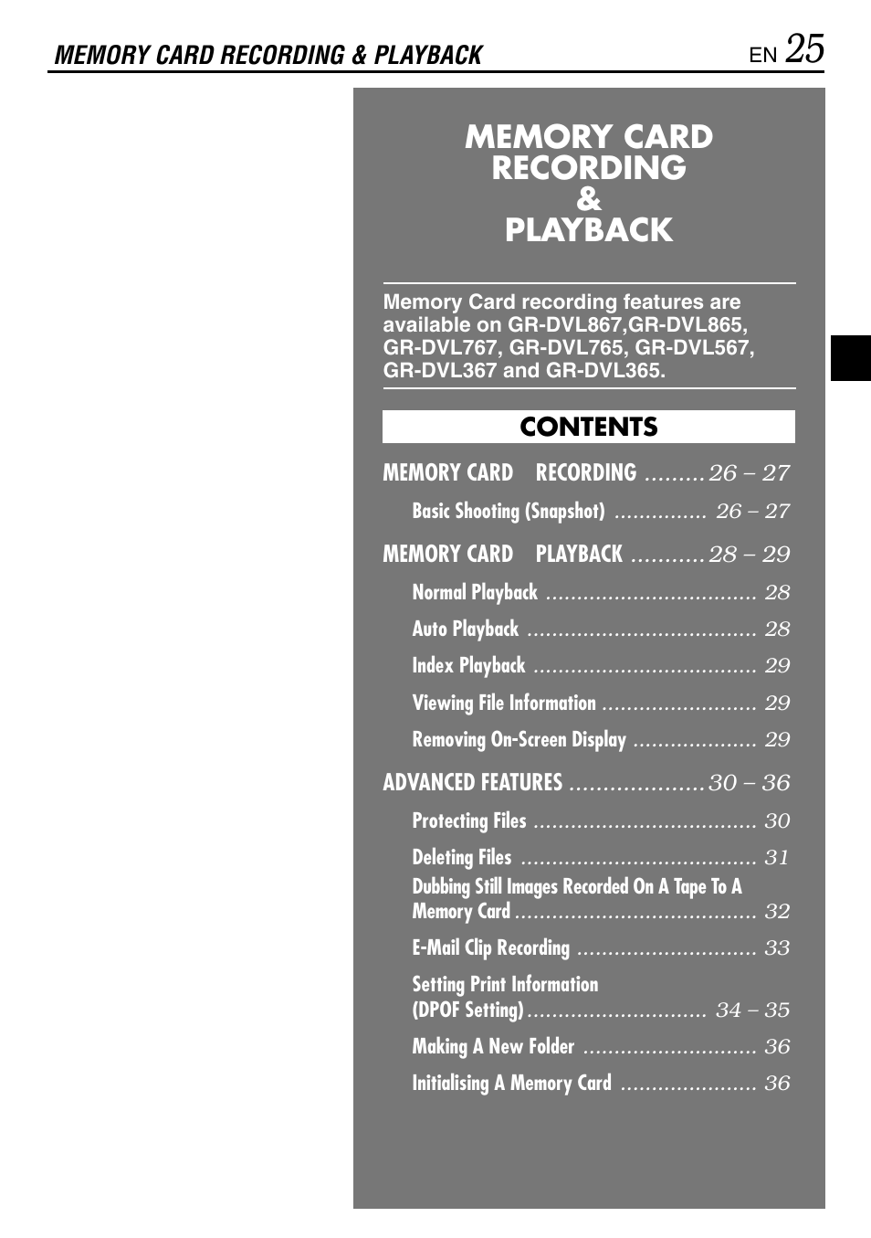 Memory card recording & playback | JVC GR-DVL365 User Manual | Page 25 / 88