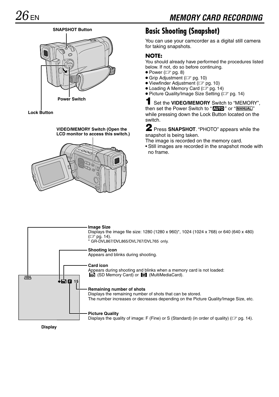 Memory card recording | JVC GR-DVL365 User Manual | Page 26 / 88