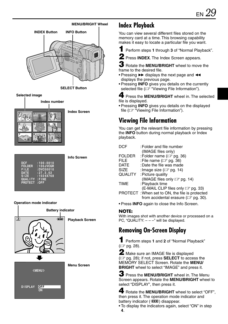 Index playback, Viewing file information, Removing on-screen display | JVC GR-DVL365 User Manual | Page 29 / 88