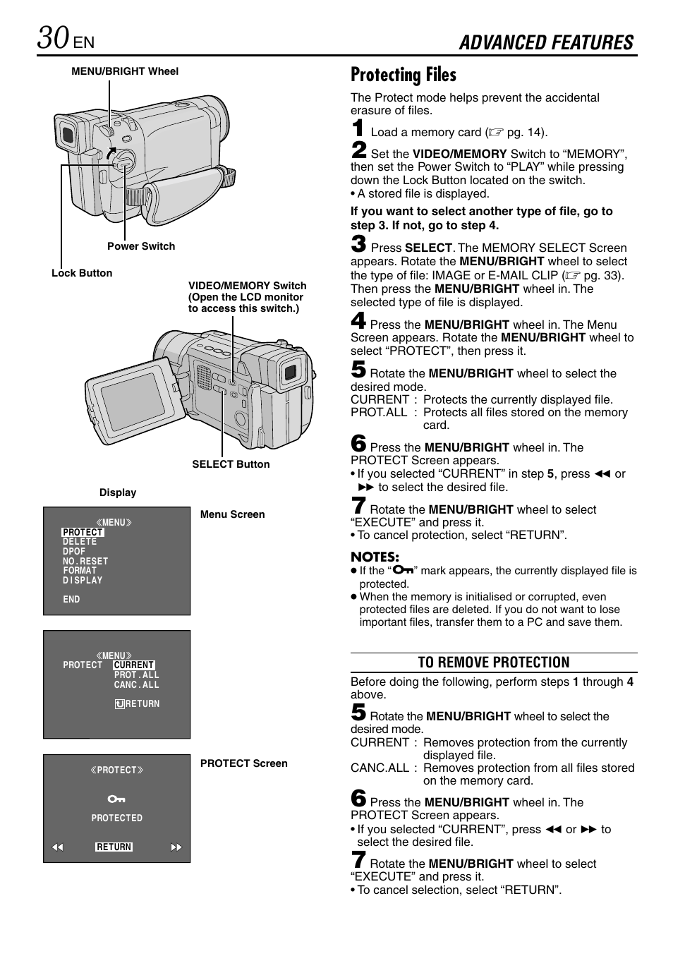 Advanced features, Protecting files | JVC GR-DVL365 User Manual | Page 30 / 88