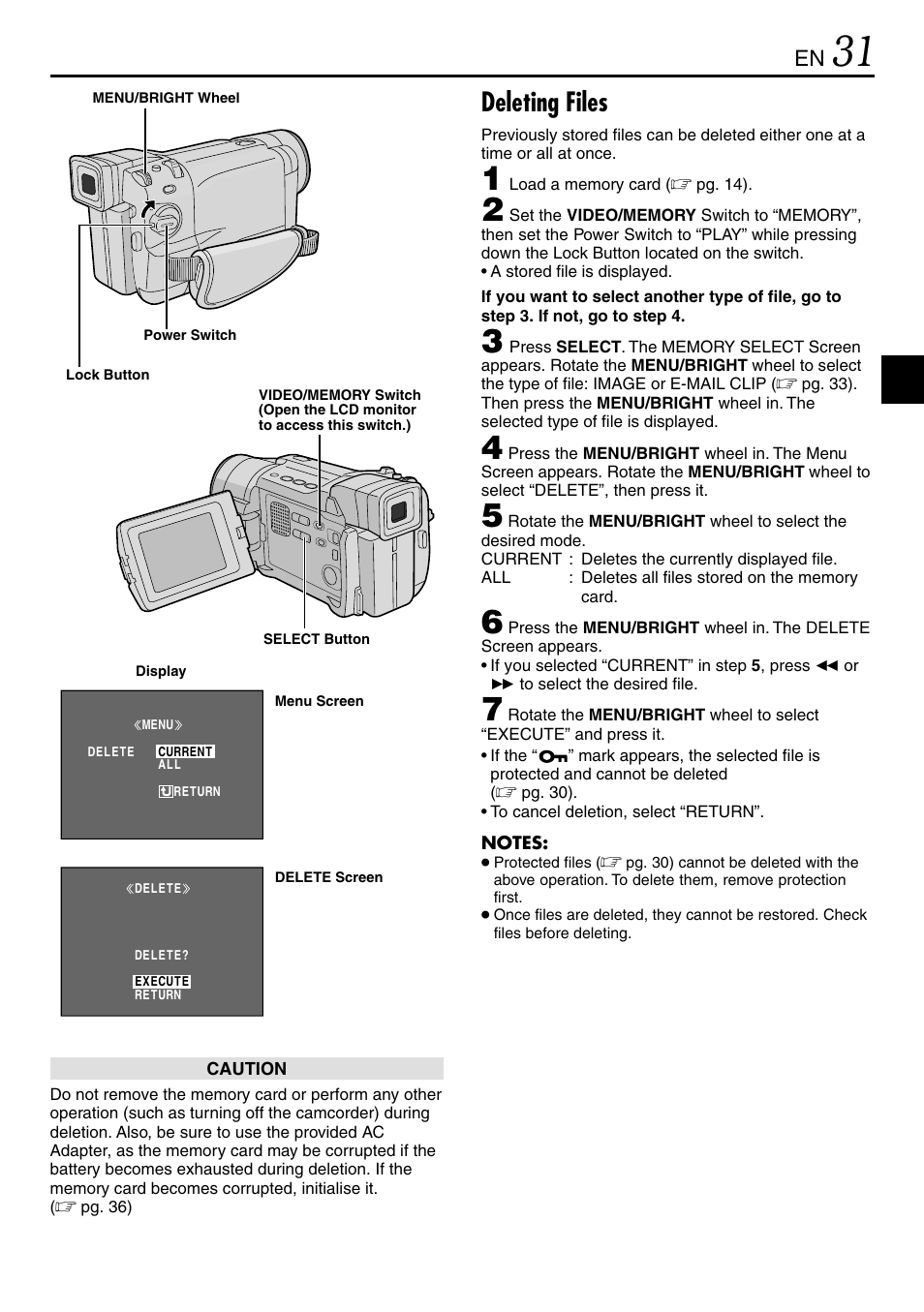 Deleting files | JVC GR-DVL365 User Manual | Page 31 / 88