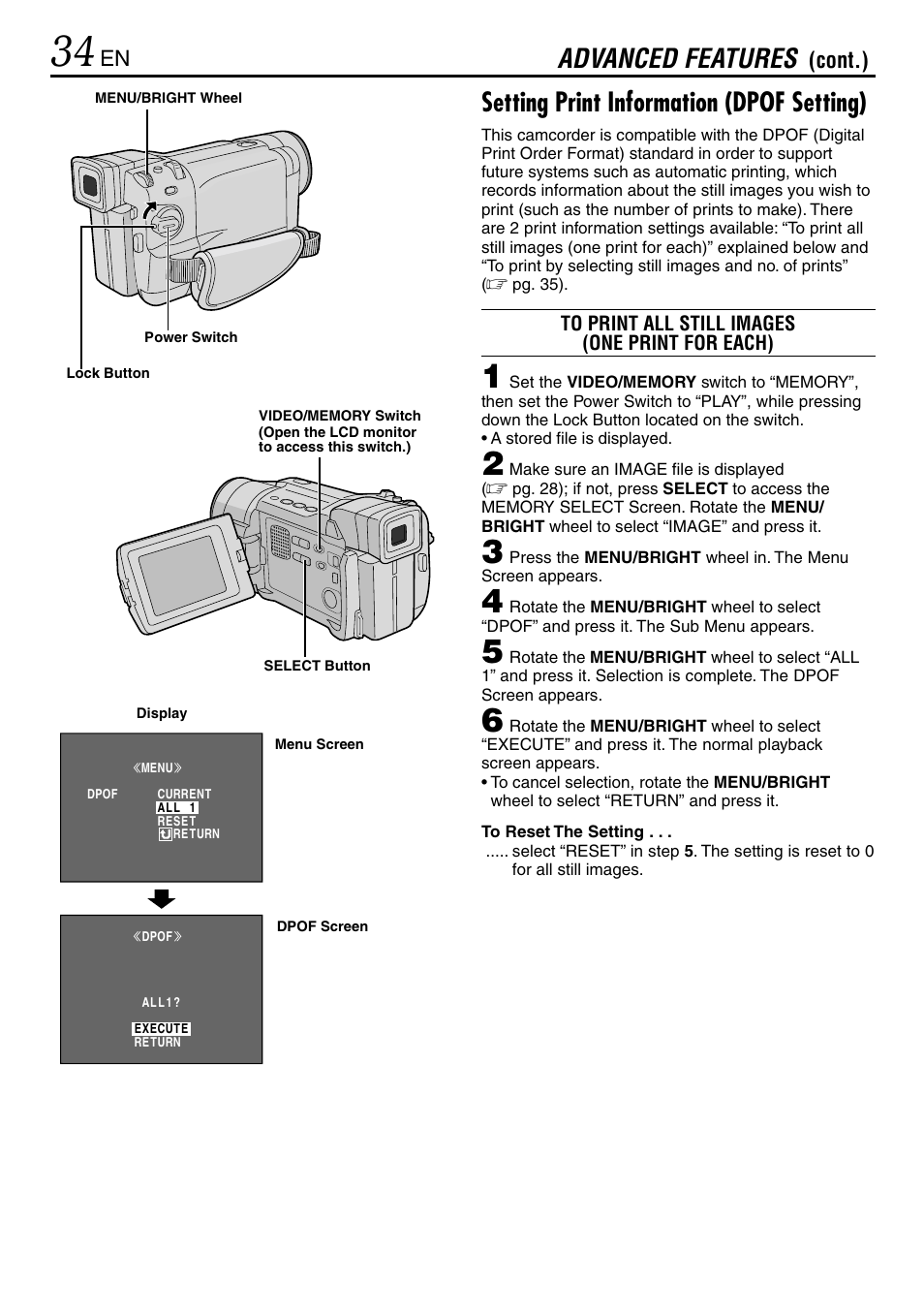 Setting print information (dpof setting), Advanced features, Cont.) | JVC GR-DVL365 User Manual | Page 34 / 88
